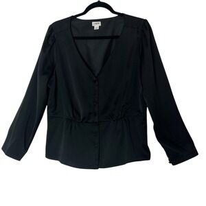 J.CREW Top Women Size 14 Long Sleeve Button Down Black Satin Crepe Career Formal